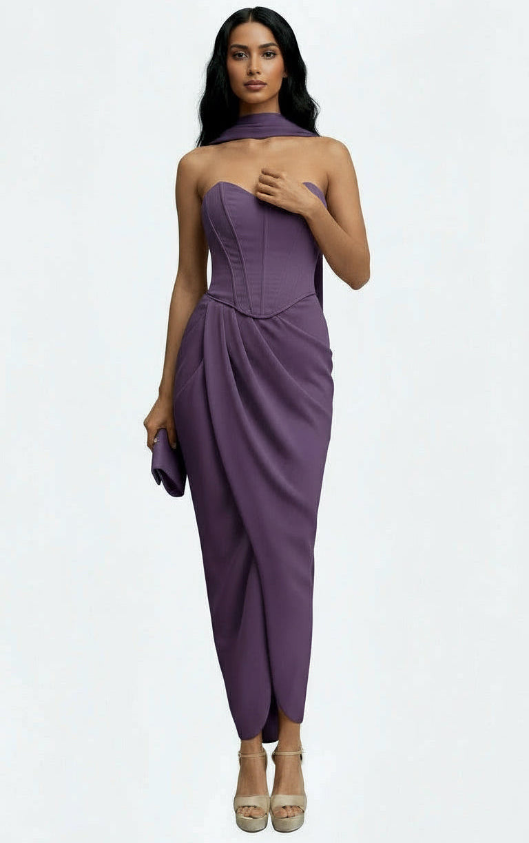 Strapless satin crepe corset gathered tulip hem maxi dress and matching scarf