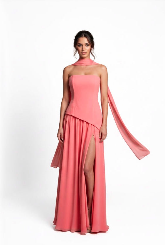 Strapless corset asymetrical peplum dobby slit gown and matching scarf