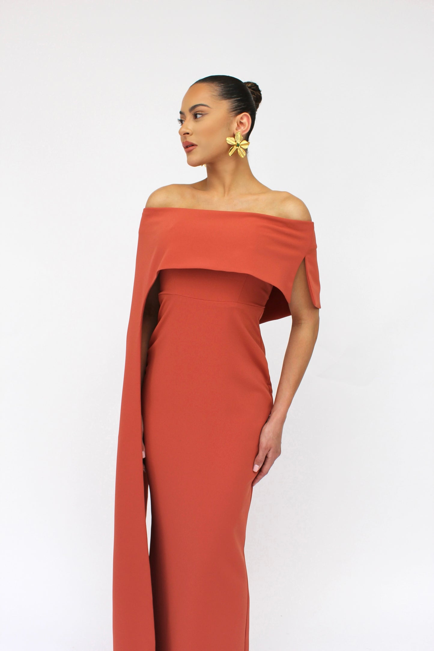 Dramatic elegance off shoulder draped split sleeve dress