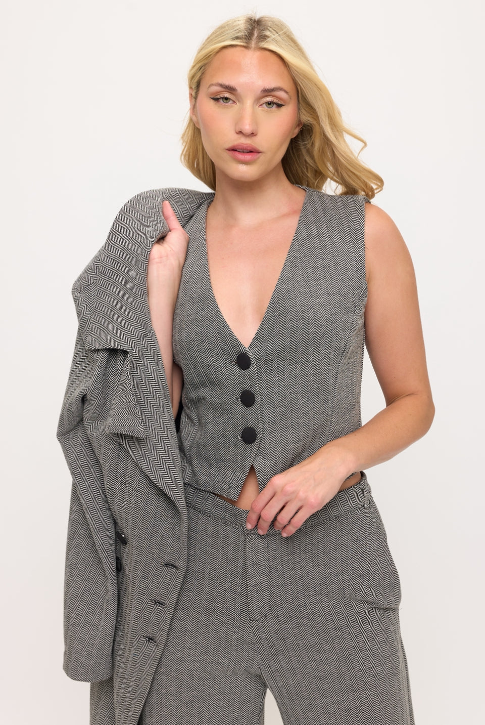 Chevron print crop vest top jacket and pants three piece set