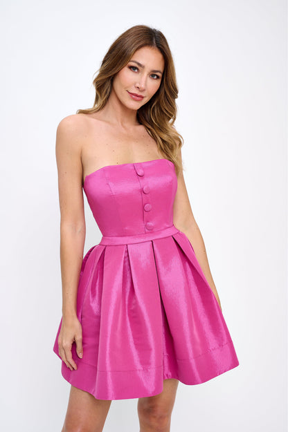 Button detail strapless treasure taffeta mini dress w pockets