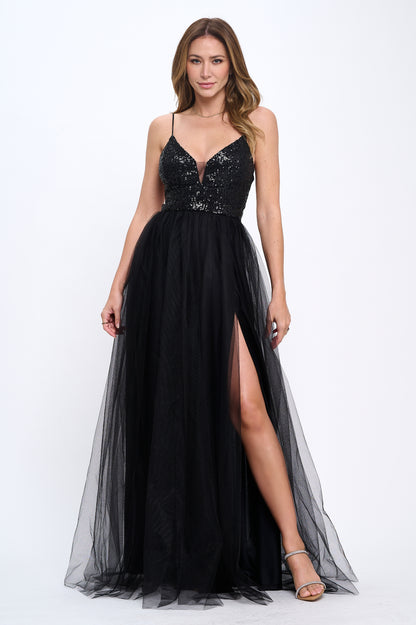 Sequin and tulle side slit tie back gown