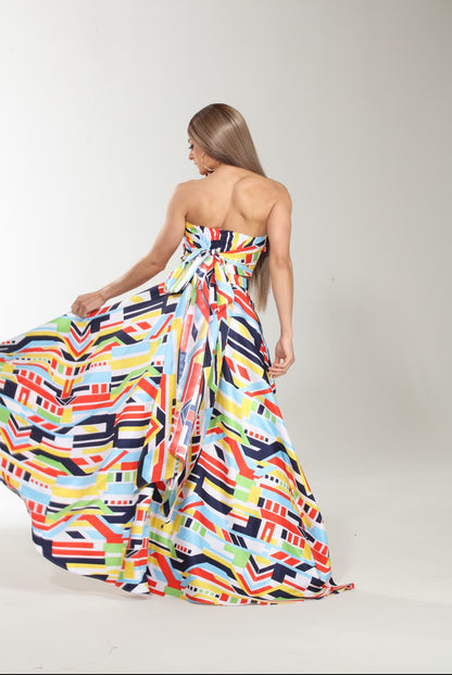 Geometric print colorful crop top and maxi skirt set with pockets