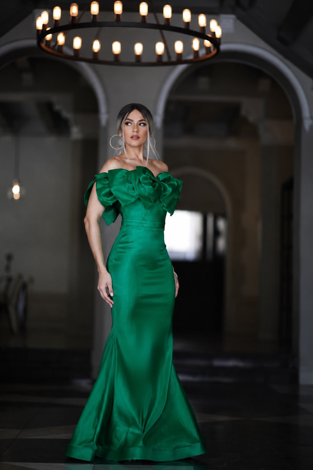 Jackie taffeta off shoulder bow detail mermaid gown
