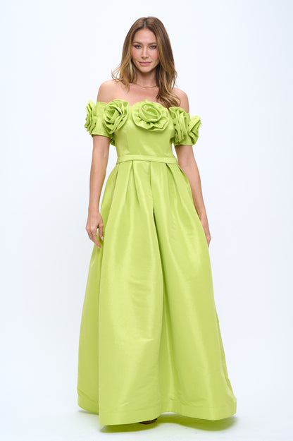 Blooming rose off shoulder taffeta gown