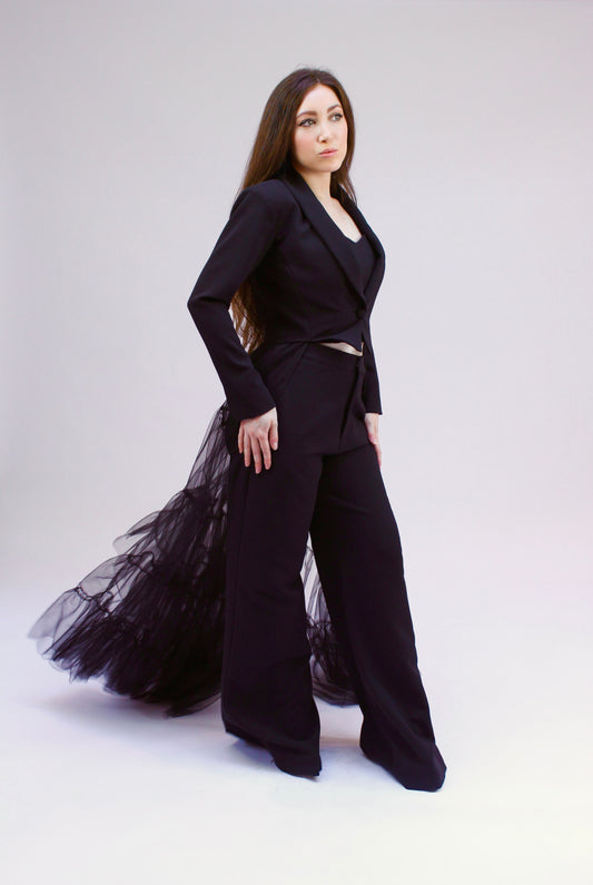 Tulle trim crop jacket and high waisted pants two-piece suit set