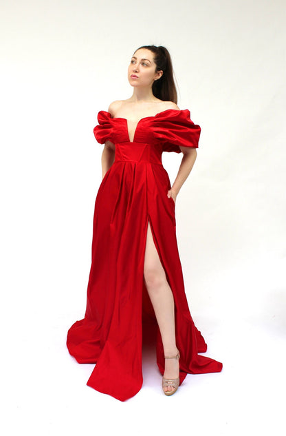 Midnight gala off shoulder satin gown w/ pockets