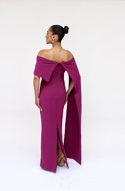 Dramatic elegance off shoulder draped split sleeve dress