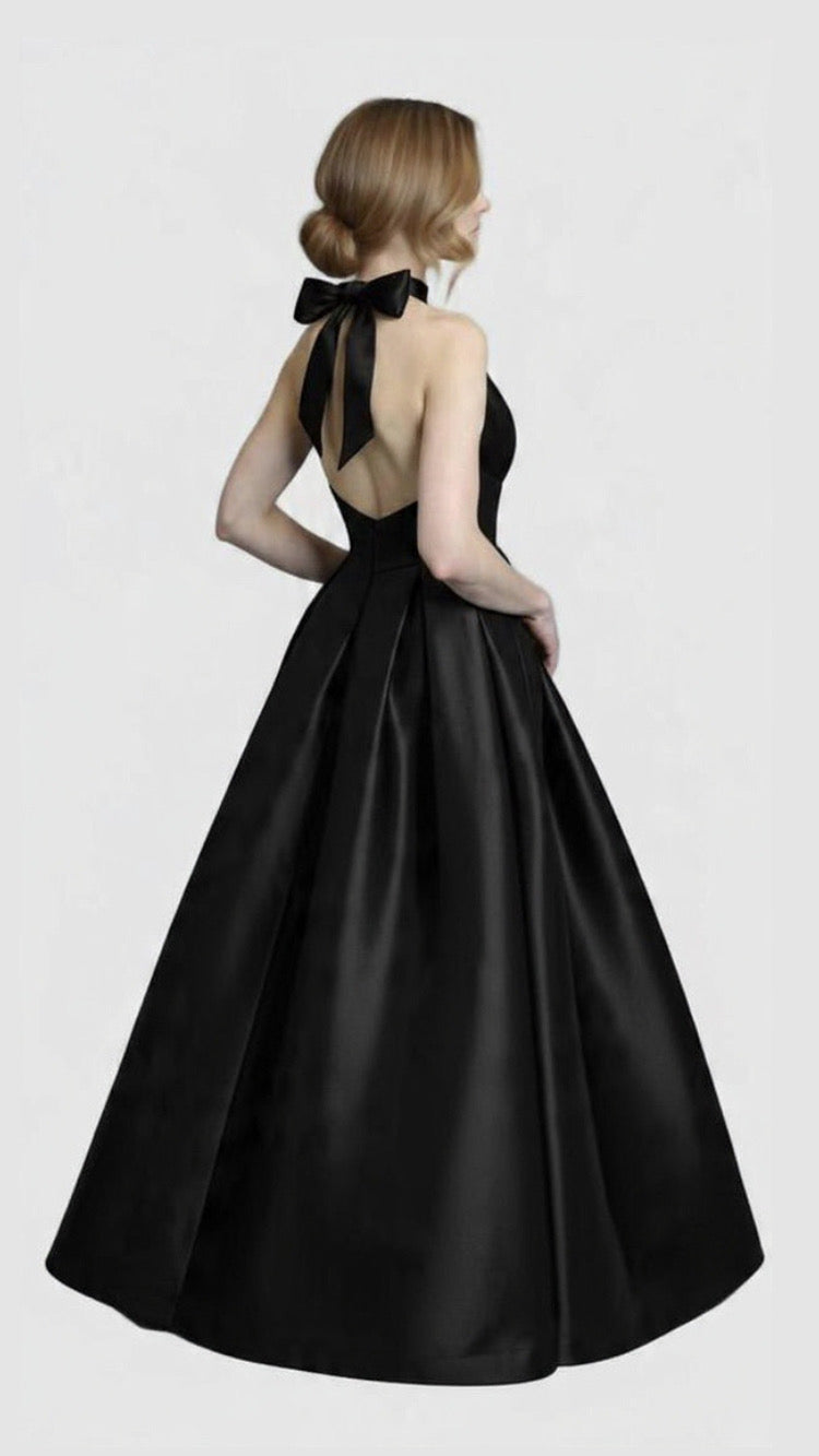 Deep plunging neckline halter taffeta ballgown