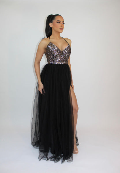 Sequin and tulle side slit tie back gown