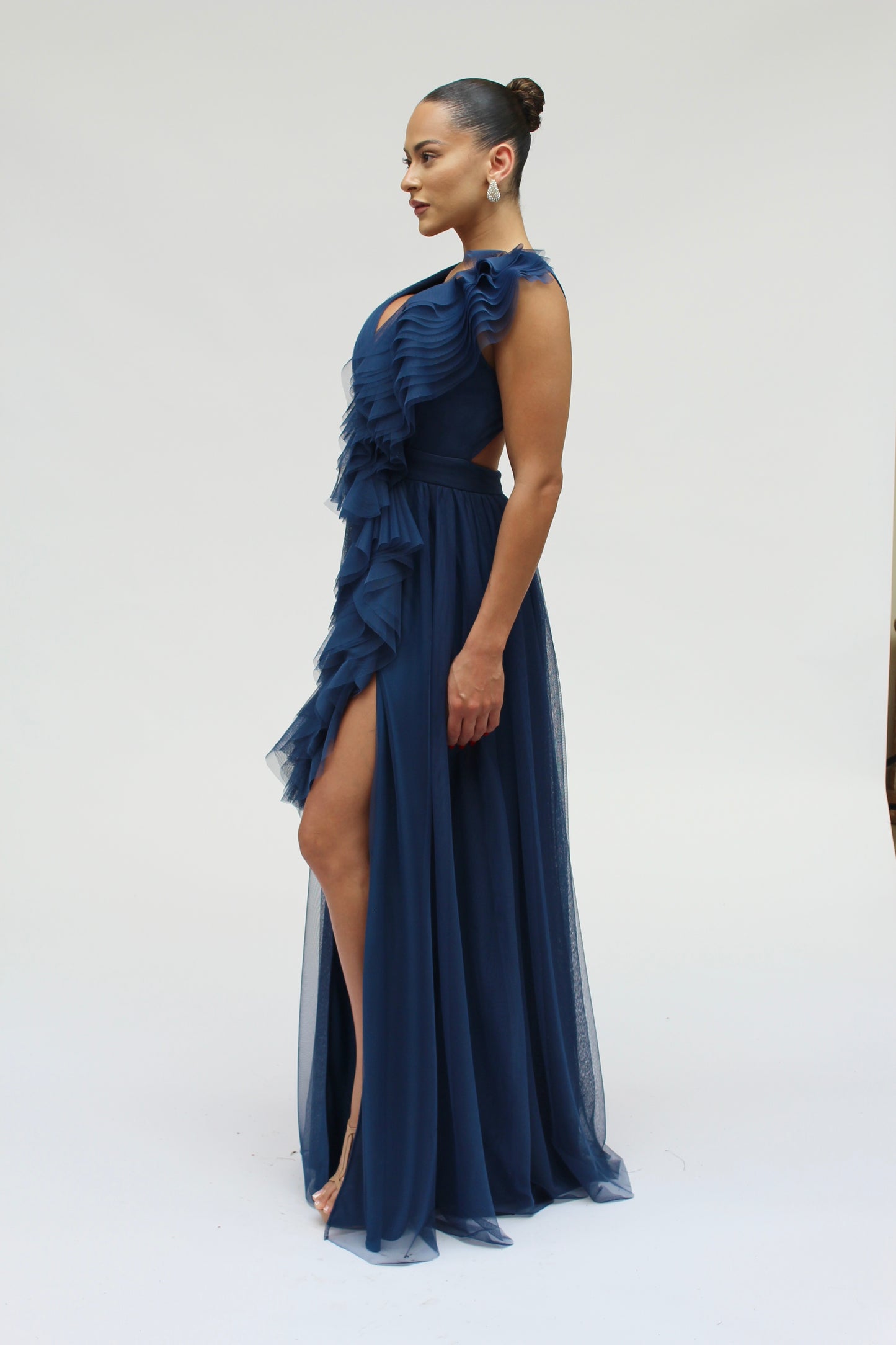 *Pre-Order Elevated ruffle layered tulle cascading gown with front slit