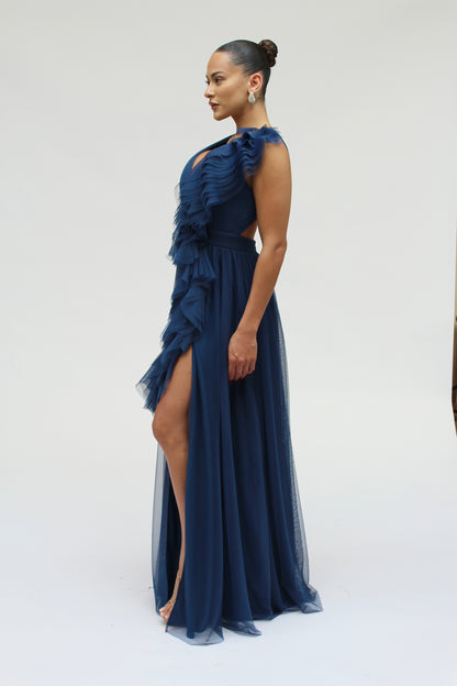 *Pre-Order Elevated ruffle layered tulle cascading gown with front slit