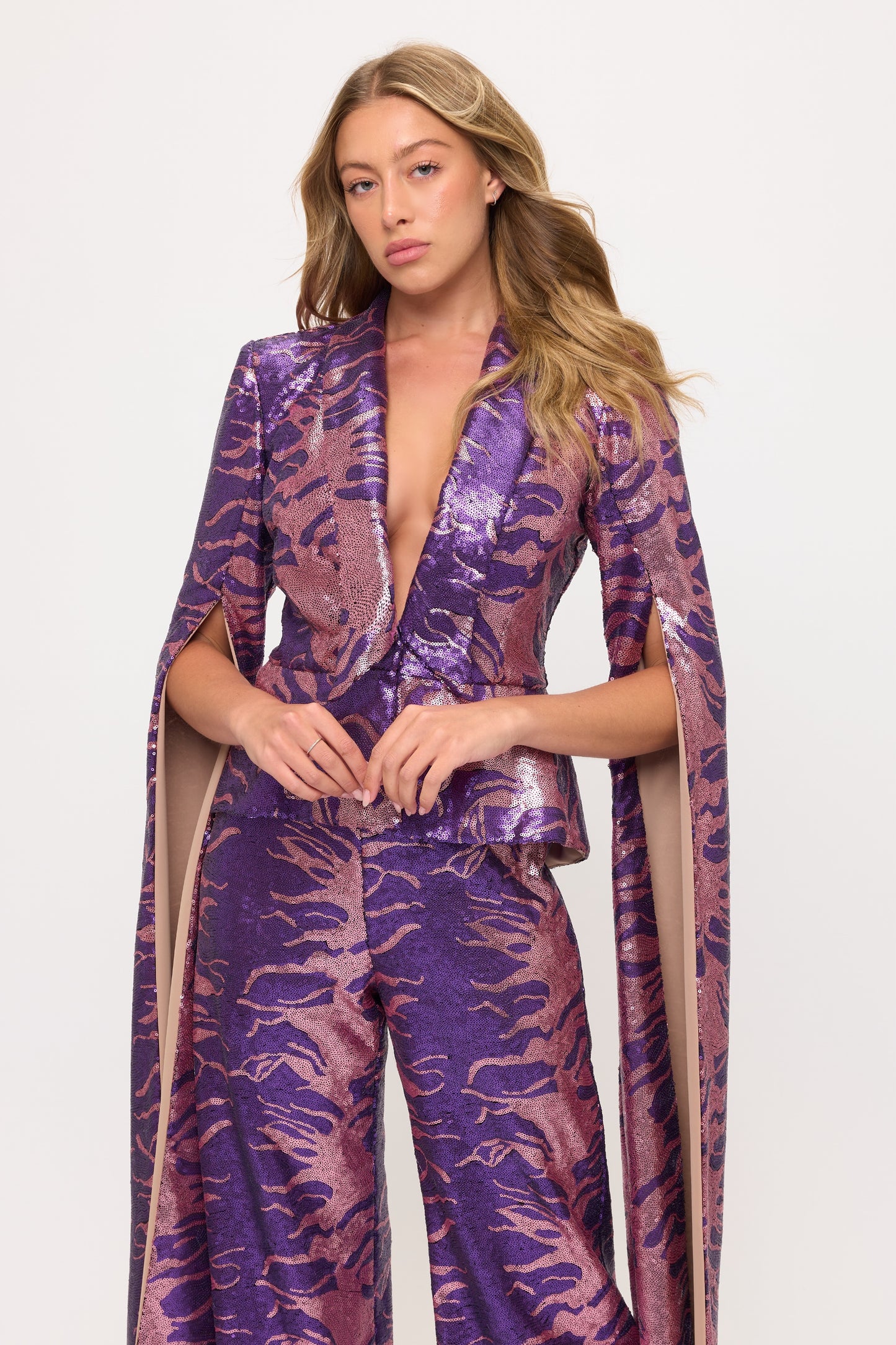 Shining sequin sweeping split sleeve jacket and high waisted pants set