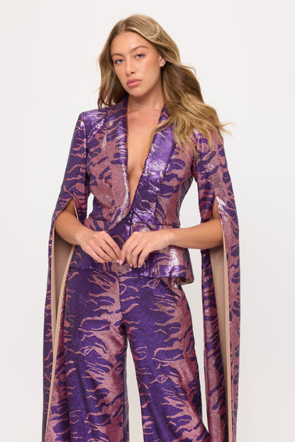 Shining sequin sweeping split sleeve jacket and high waisted pants set