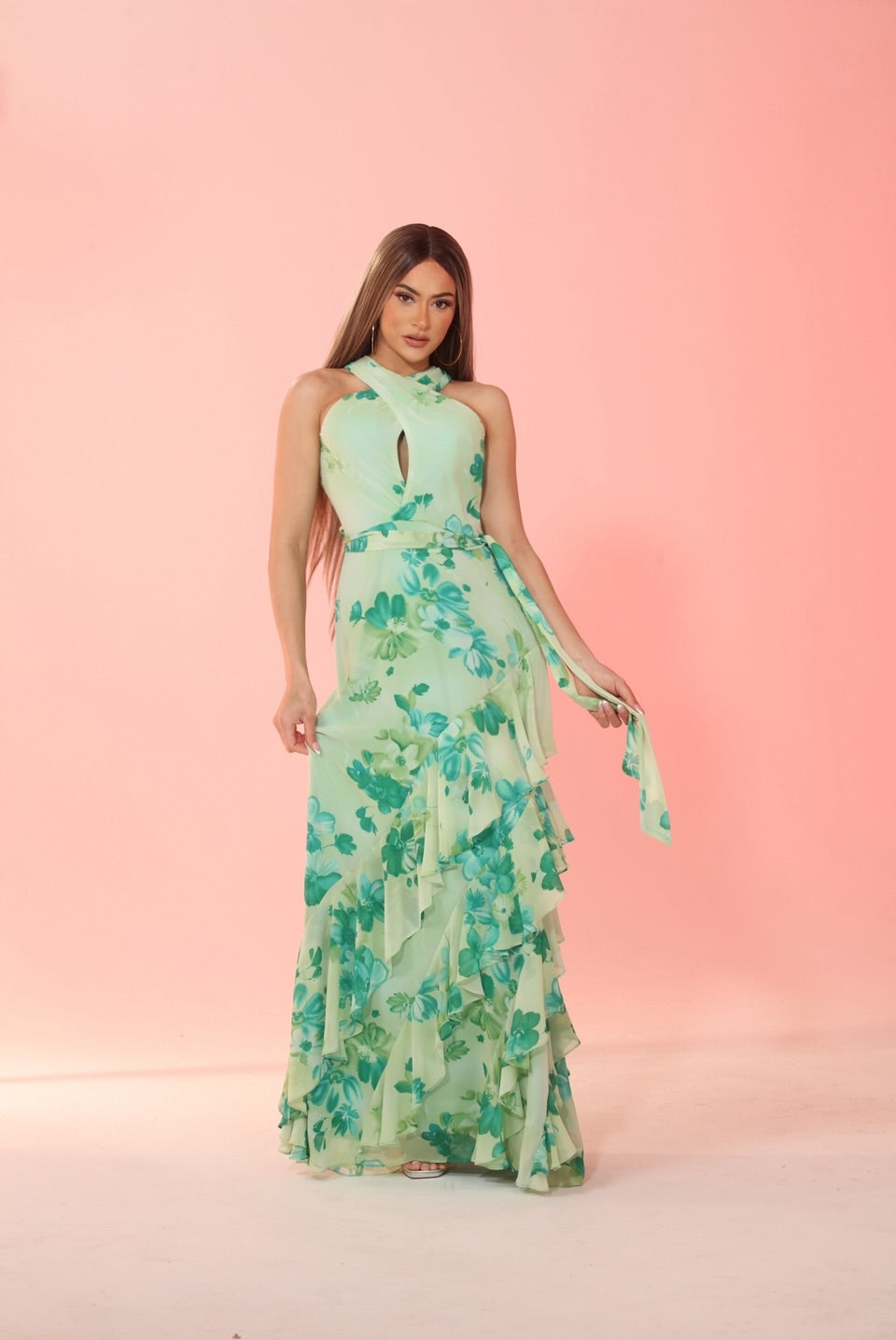 Floral waltz keyhole cross front ruffle halter dress