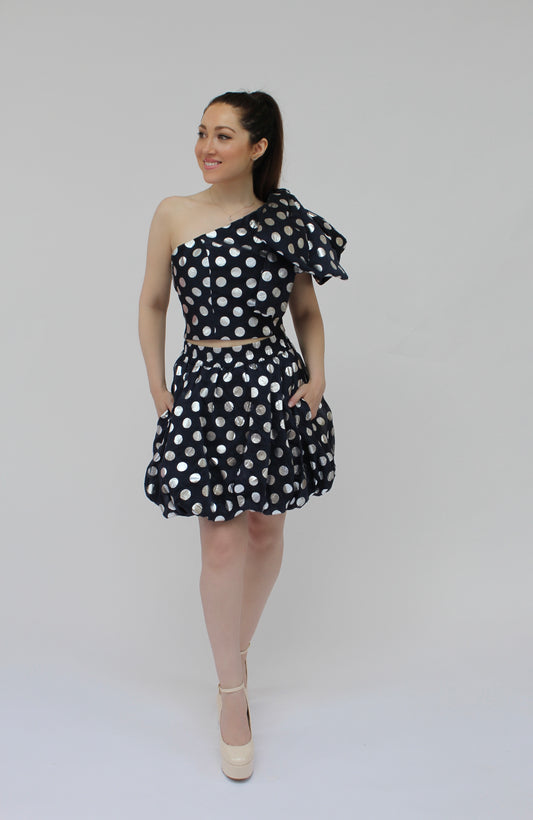 Run the party polka dot bow crop top and mini skirt set