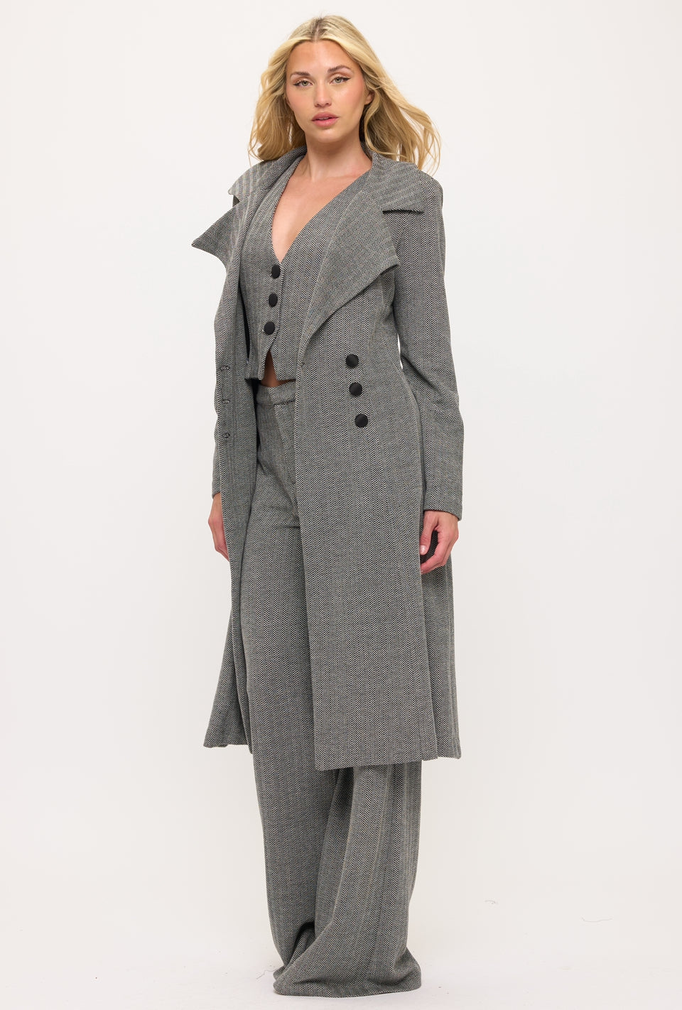 Chevron print crop vest top jacket and pants three piece set