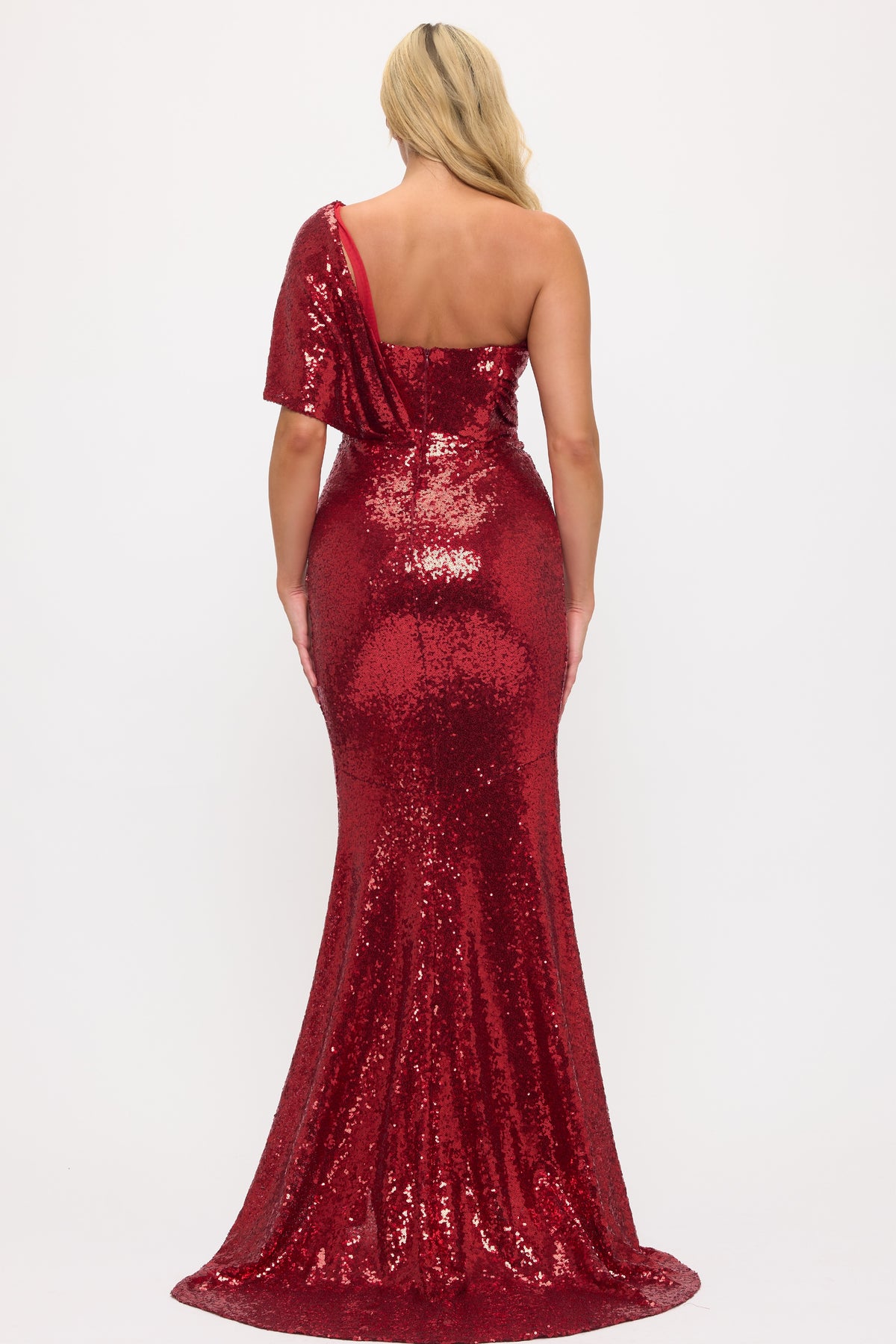 Sparkling sequin one shoulder bow side slit gown
