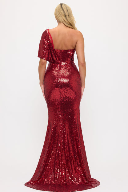 Sparkling sequin one shoulder bow side slit gown