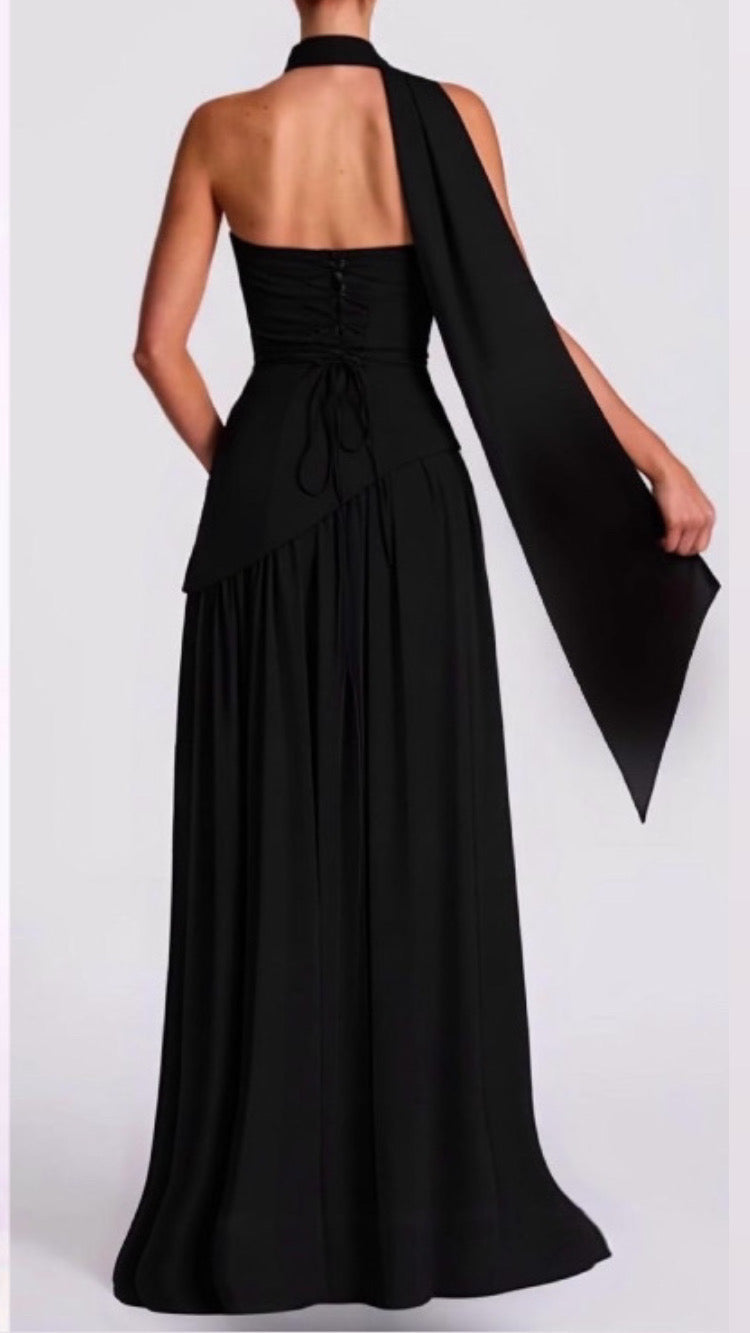 Strapless asymmetrical corset slit gown