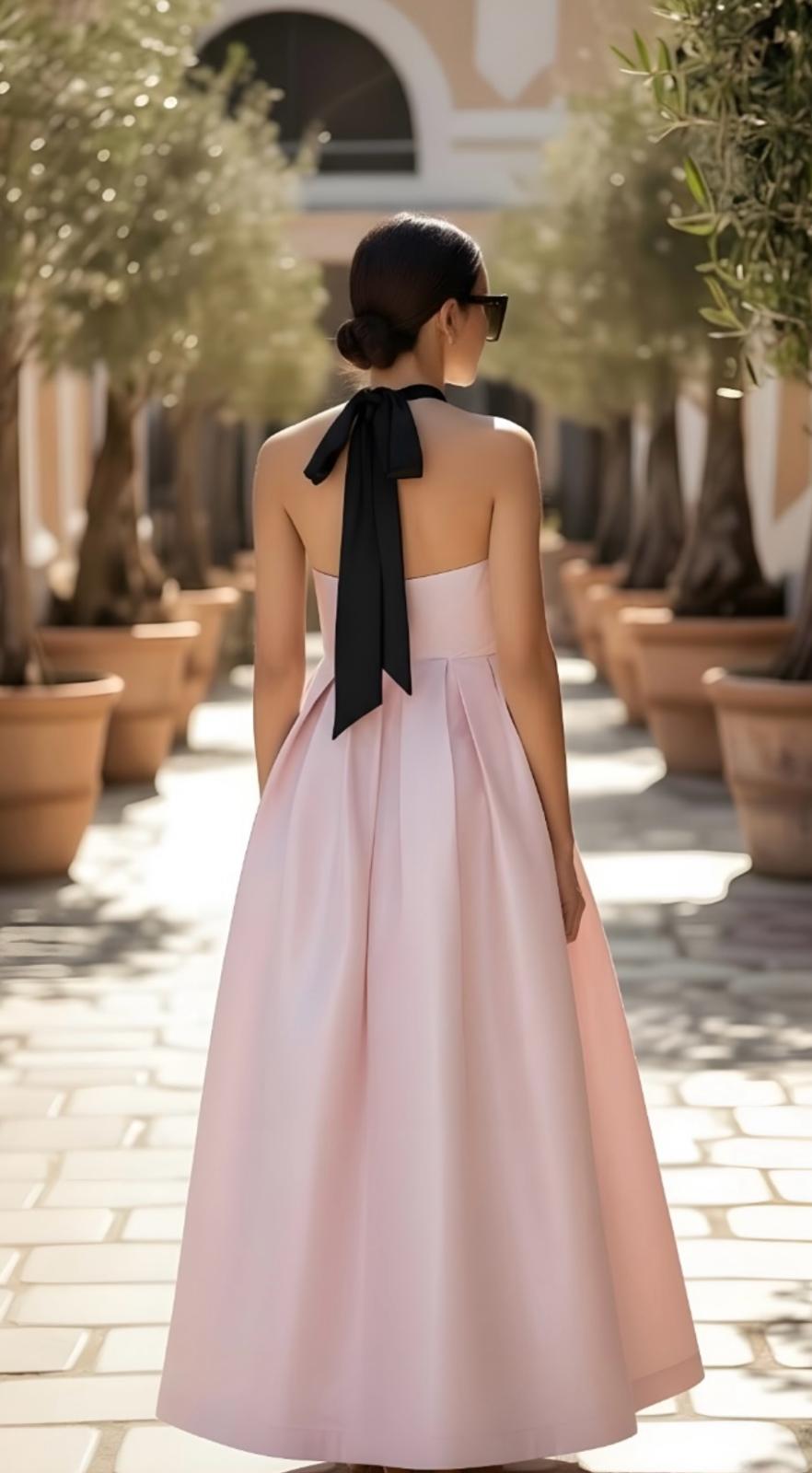 Elegant color block halter taffeta gown with pockets