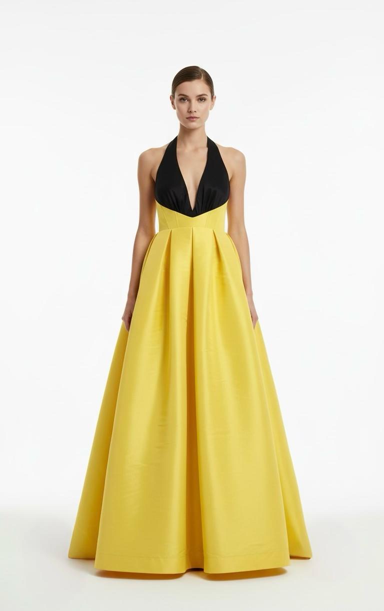 Elegant color block halter taffeta plunging neckline gown with pockets