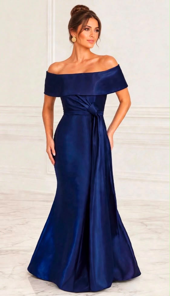 Off shoulder taffeta side gathered knot draped gown