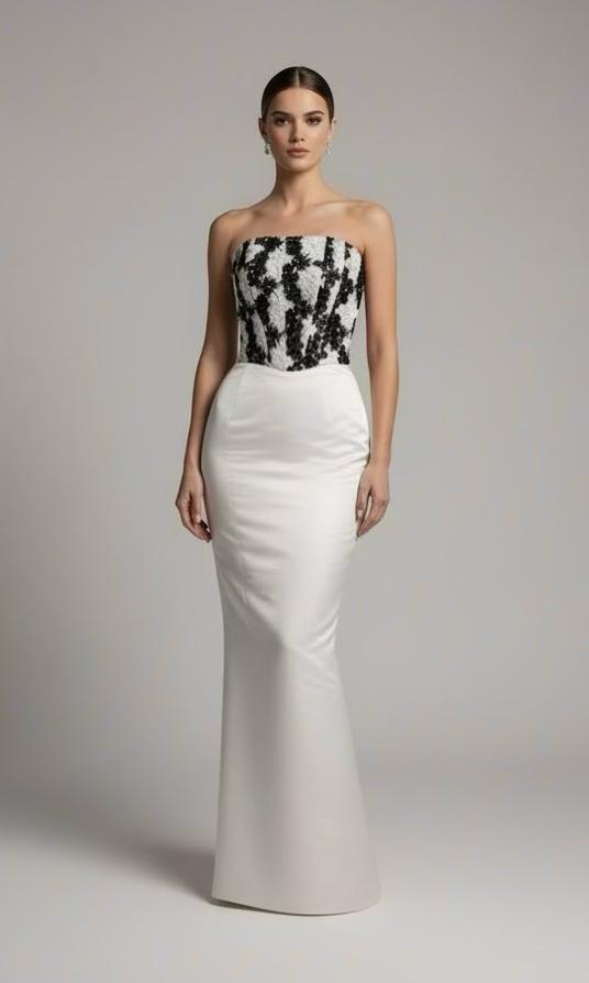 Strapless corset crochet floral lace and satin taffeta gown with detachable bow belt