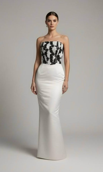 Strapless corset crochet floral lace and satin taffeta gown with detachable bow belt