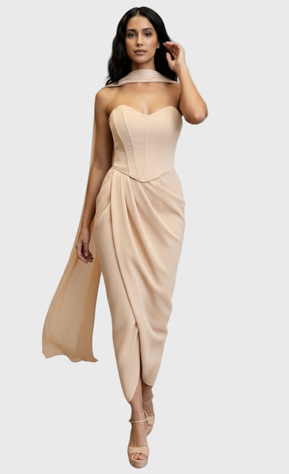 Strapless satin crepe corset gathered tulip hem maxi dress and matching scarf
