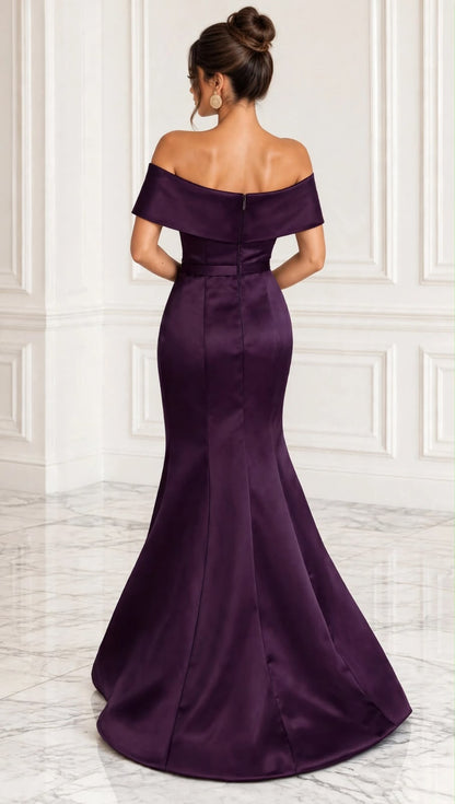 Off shoulder taffeta side gathered knot draped gown