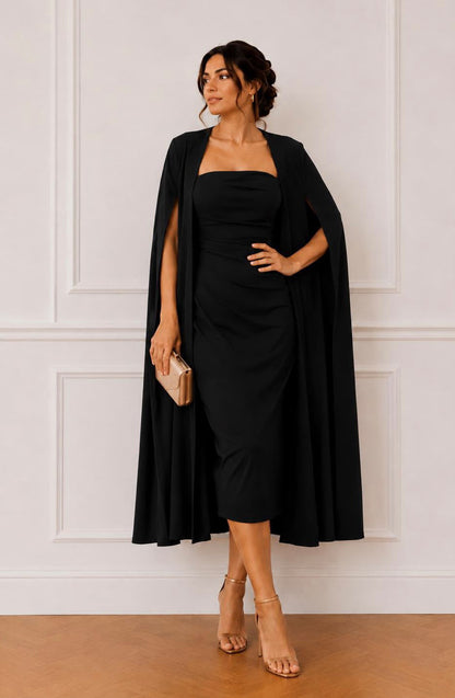 Strapless midi dress with matching cape jacket set