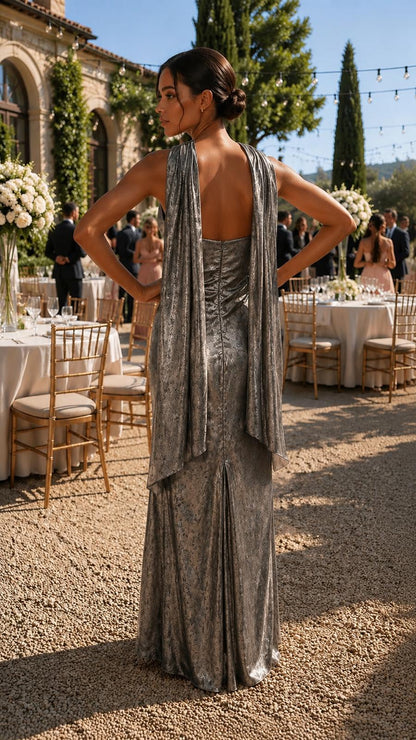 Strapless metallic lame maxi dress