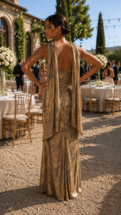 Strapless metallic lame maxi dress