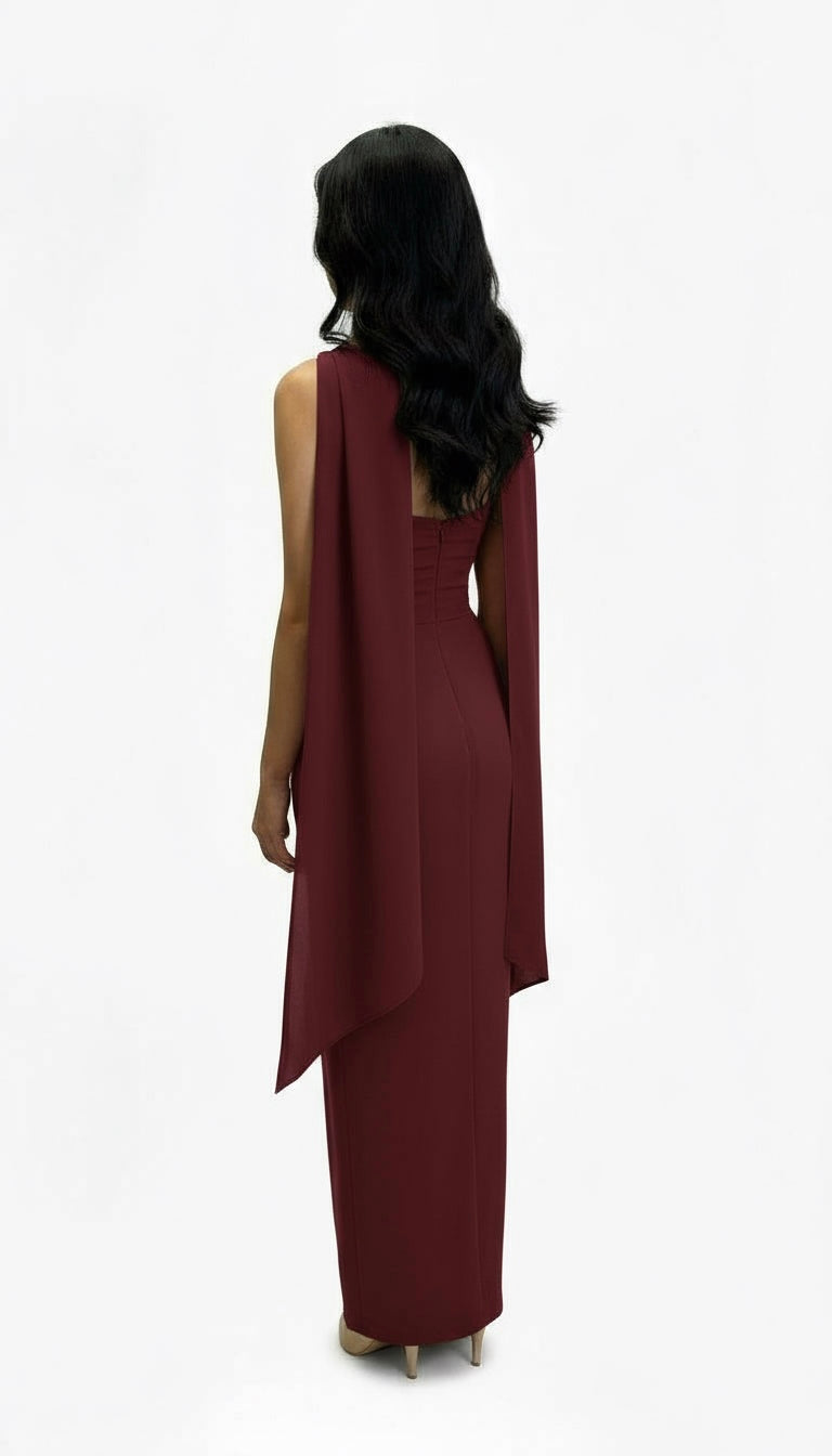 Strapless satin crepe corset gathered tulip hem maxi dress and matching scarf