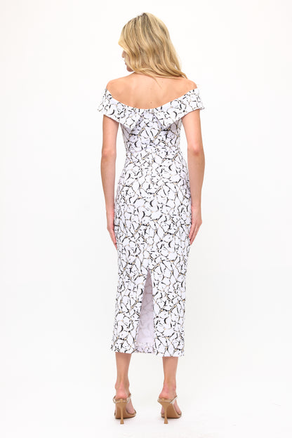 Off shoulder slit back marble print midi dress
