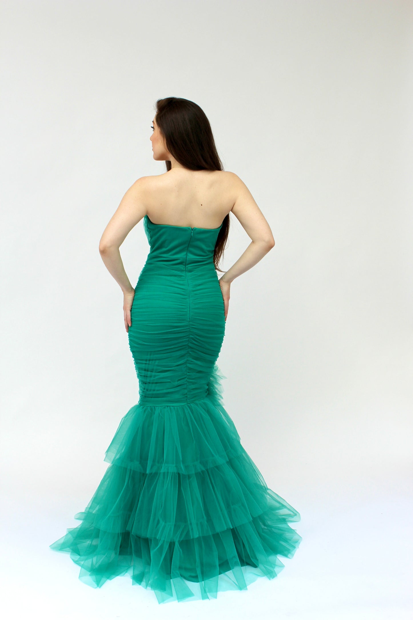 Strapless tulle layered flower detail mermaid gown