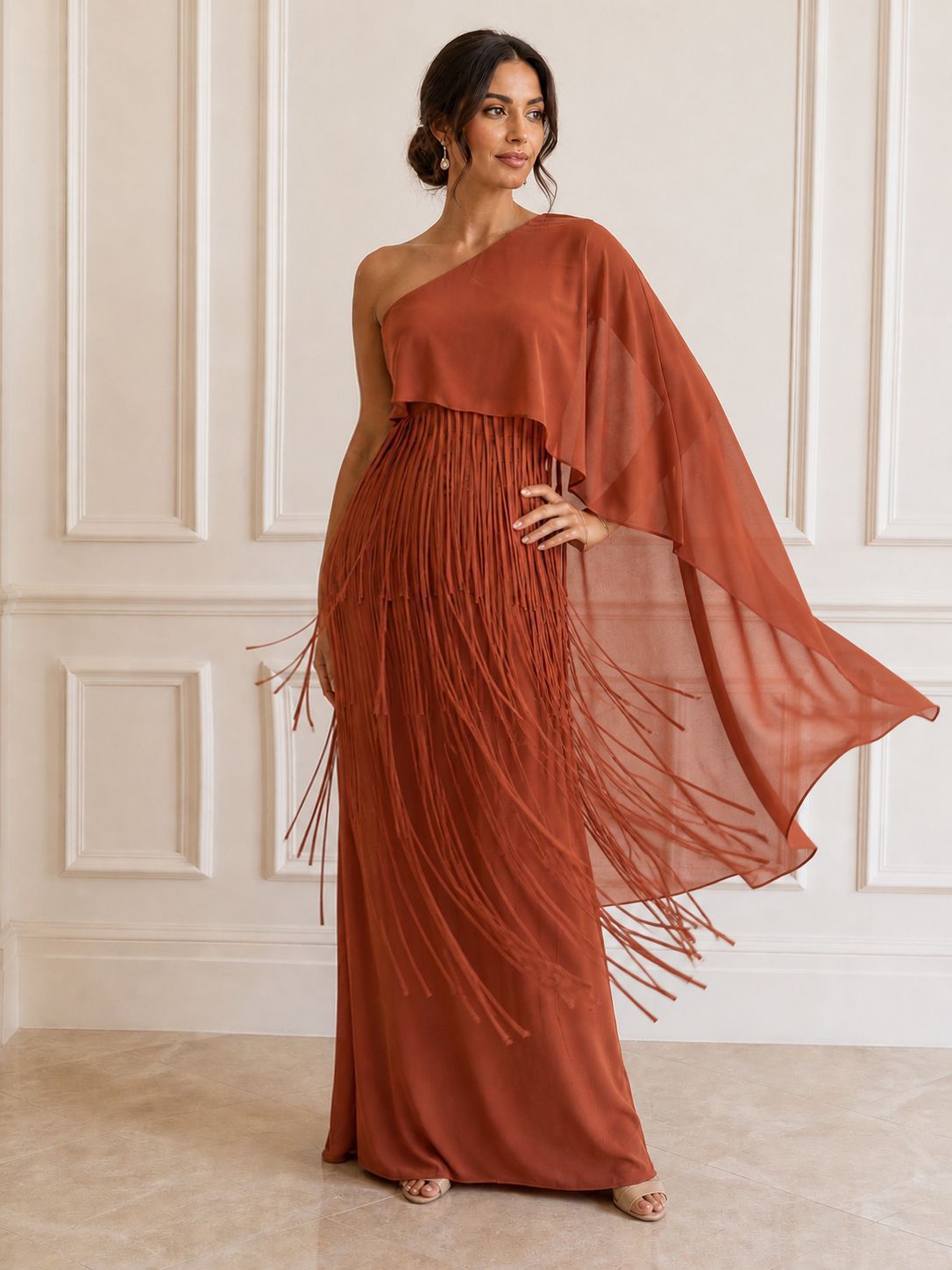 Stunning one-shoulder chiffon fringes evening maxi.