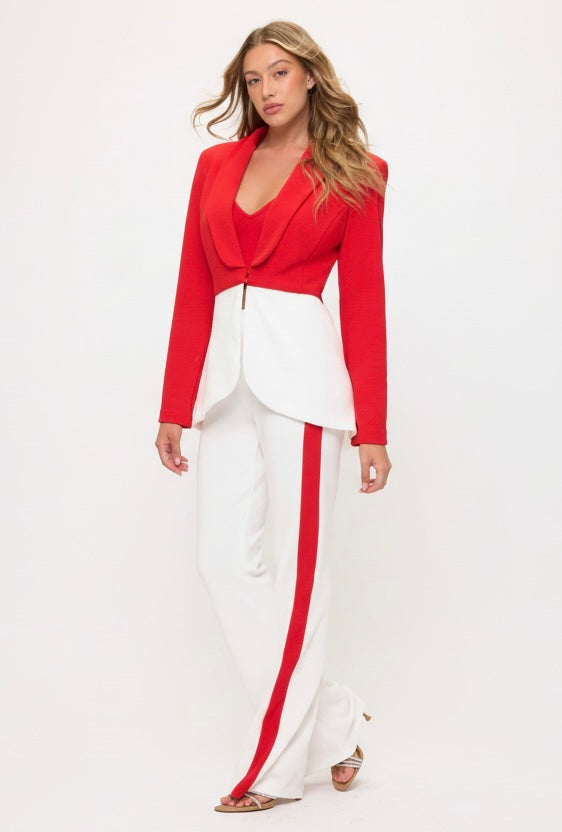 Impressive Color block jacket and high waisted side striped pants suit set