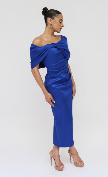 Taffeta twist tea length off shoulder gathered midi back slit dress