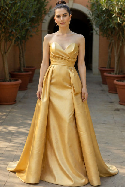 Strapless sweetheart taffeta gown with side bow and over skirt