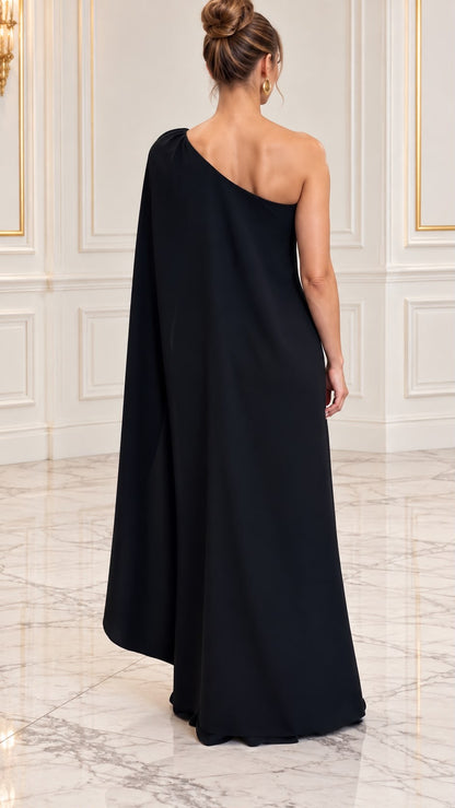 One shoulder draped back maxi