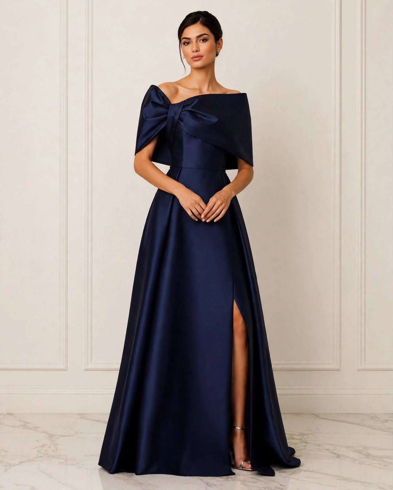 Off the shoulder taffeta slit ball gown