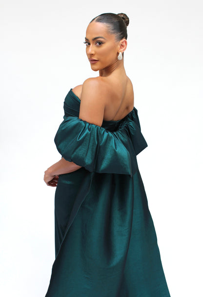 Special Entrance strapless taffeta gown with detachable cape