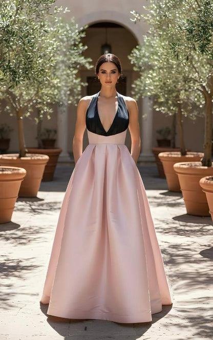 Elegant color block halter taffeta gown with pockets