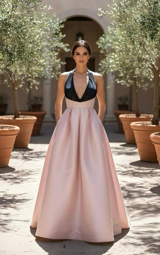 Elegant color block halter taffeta gown with pockets