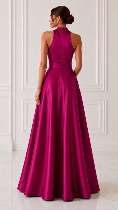 Sleeveless satin ball gown with detachable bow belt