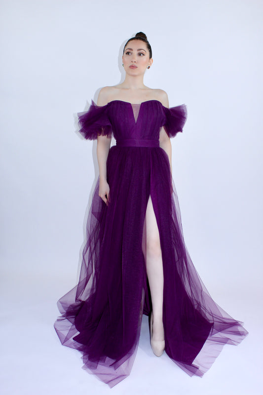 All the allure off shoulder tulle gown with front side slit