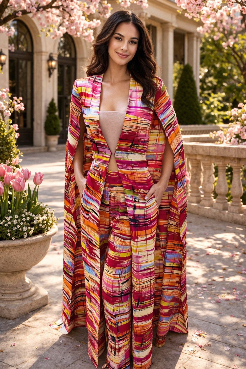 Colorful sunset cape and pants stripe print set