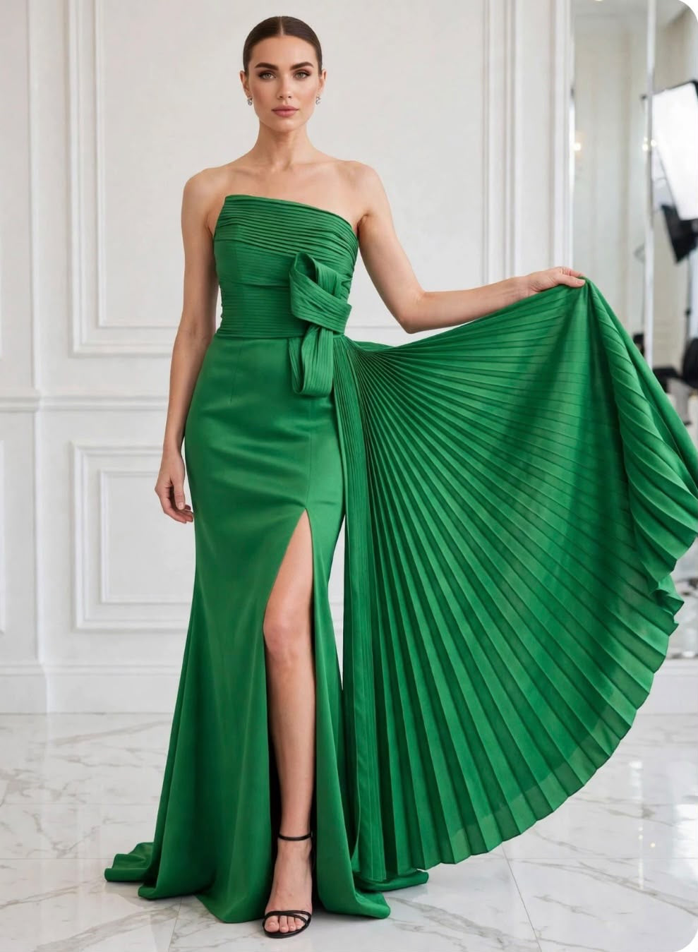 Strapless pleated bow taffeta asymmetrical slit gown